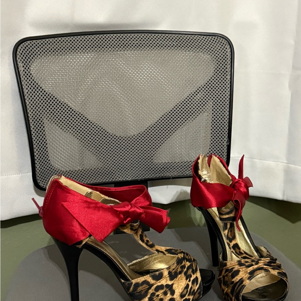 Leopard Print Stiletto Heels with Red Bow